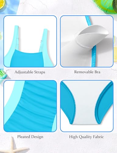 Image of Girl Swimsuit One Piece Bathing Suit for Girls Solid Color Ruched Adjustable Straps Padded Swimwear 9-18y