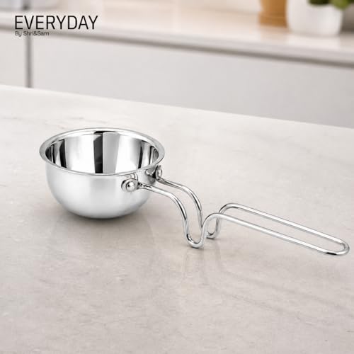 Image of Shri & Sam Everyday 11cm /300ml Tri-Ply Stainless Steel Tadka Pan with Stand-Handle | Gas & Induction Compatible | Heavy Gauge | Long Wire Handle for Cool Grip