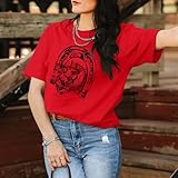 QISSYILY Western Horse Shirts for Women Vintage Cowgirl Graphic Tees Rodeo Cowboy Cotton Shirt Country Summer Crew Neck Tops(Red,S)
