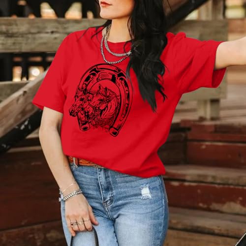 QISSYILY Western Horse Shirts for Women Vintage Cowgirl Graphic Tees Rodeo Cowboy Cotton Shirt Country Summer Crew Neck Tops(Red,S)