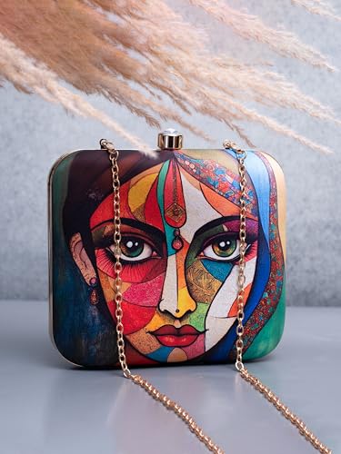 Image of Artklim Printed Box Clutch for Girls - Cross Body Purse with Detachable Golden Chain Strap