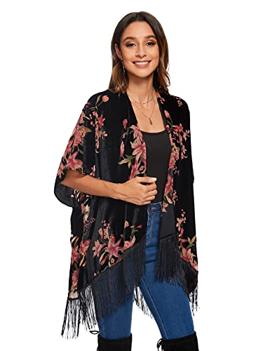 Image of MJ SERECA Women's Burnout Velvet Kimono Cardigan Cover Up with Tassel
