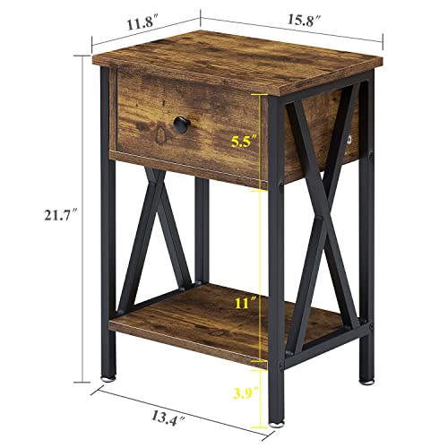 Vecelo Nightstand,Side End Table With Drawer,Storage Shelf For Living Room Bedroom,Modern Style,Set Of 2, Antique Brown #TOP2
