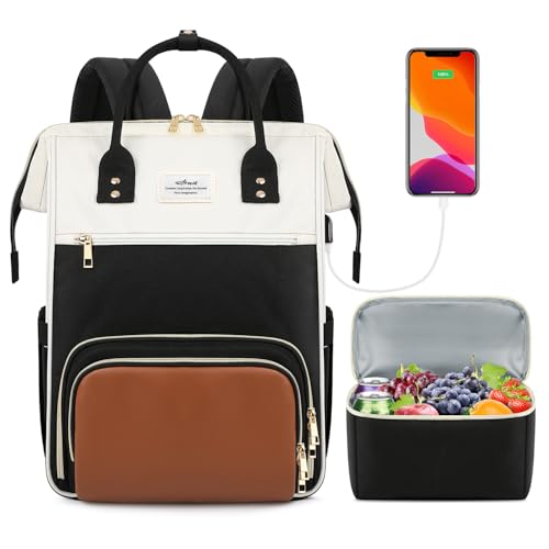 ETRONIK Lunch Backpack, 17.3 Inch Laptop Backpack with USB Port, Stylish Nurse, Teacher Work Bag with Insulated Cooler Lunch Box for Women Men/Travel, Black-Beige-Brown