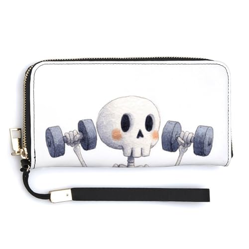 Cute Skeleton Lifting Dumbbells Gym PU Leather Clutch Long Bifold Wallet, Coin Purse Credit Pass Case, Durable Card-Holder Money Storage for Women Men