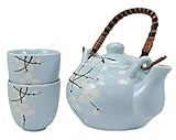 Ebros Gift Japanese Cherry Blossom Sakura Design In Pastel Sky Blue Colors Ceramic Tea Pot and Cups Set Serves 2 Excellent Home Decor Asian Living Teapots Decorative Party Hosting Dining Table Set