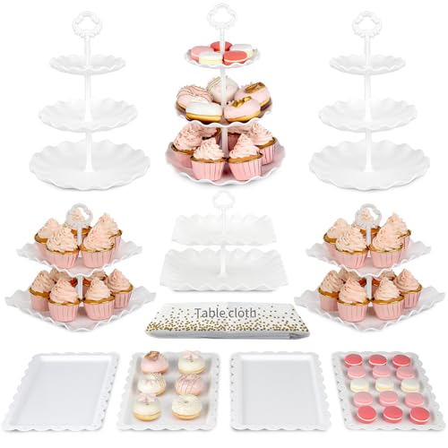 Pack of 11 NWK Cake Stand Set Cupcake Stand with 3 x Two-Tier and 3 x Three-Tier Cupcake Stands 4 x Appetizer Trays 1 x Tablecloth for Birthday Bridal Baby Shower Party (White)