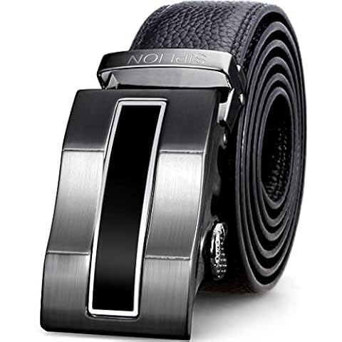 SIPLION Men’s 100% Genuine Leather Belts For Men Solid Buckle with Automatic Ratchet 35mm Wide 1 3/8" PD-ZD1701 Black 115 Cover