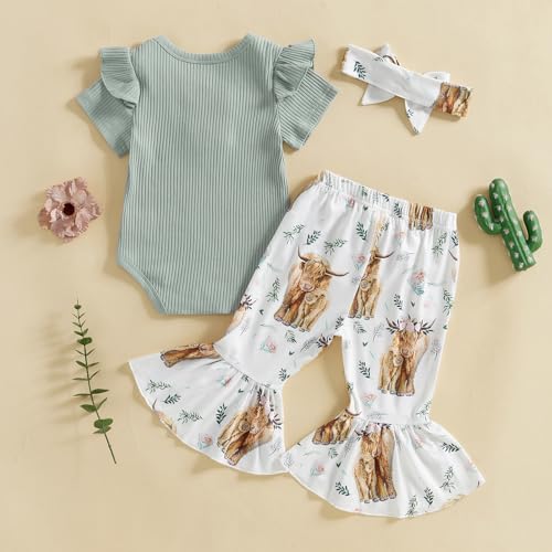 MERSARIPHY Baby Girl Bell Bottom Outfit Cute Infant Newborn Girl Summer Clothes Ribbed Knit Ruffle Romper Tops Flare Pant Set4