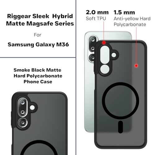Image of RIGGEAR Shockproof Sleek Hybrid Armor Magnetic Back Cover Case Compatible with MagSafe Accessories for Samsung Galaxy M36 5G / F36 5G (Smoke Black Matte PC + Black TPU Bumper)