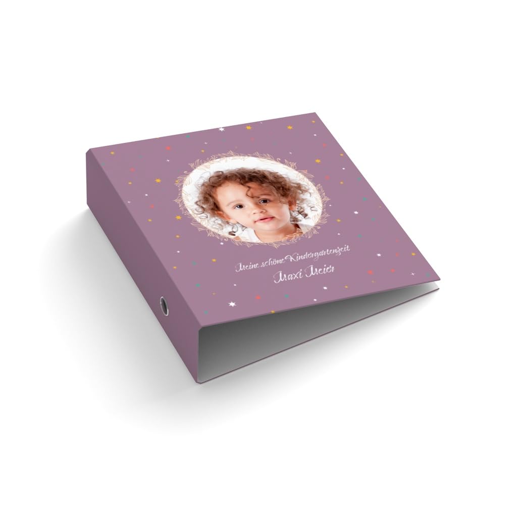 Ringordner | Ordner | personalisiert mit Foto + Text | Sterne | Blätterkranz | Mit Griffloch | für DIN A4 | 7,4 cm breit | Kindergartenzeit | Baby