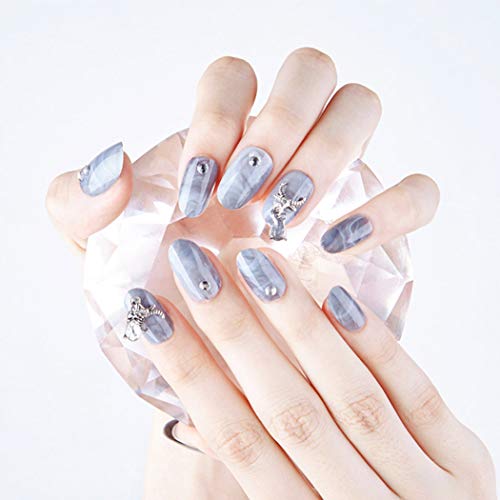 Asooll 24Pcs False Nails Grey Rhinestone Marble Texture Long Coffin Fake Nails Full Cover Party Acrylic Nails Art for Women and Girls