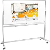 Double Sided Rolling Whiteboard, Mobile Whiteboard Magnetic White Board - 72 x 36 inches Large Reversible Dry Erase Board Easel Standing Board on Wheels with Silver Aluminum Frame and Stand