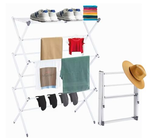 Meown 3 Tier Extendable Indoor/Outdoor Airer - Drying Space - Laundry Rack, Laundry Dryer - Foldable and Lightweight Clothes Airer - Corner knobs for additional hangers (white)