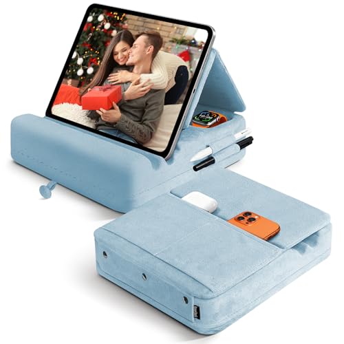 Image of Tablet Pillow Stand with Storage, Foldable iPad Holder for Lep, Bed, Sofa, and Desk - Soft Pad Dock with Pocket and Stylus Mount Compatible with 4-13 inch iPad Pro /Air /Mini, Galaxy Tab, Kindle