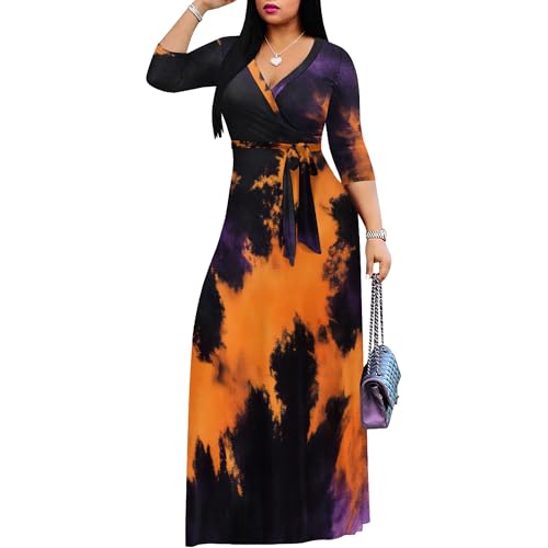 Image of PinkPatty Women's Print Maxi Dresses 3 /4 Sleeve Flowy Long Dress V Neck Wrap Tie Waist Sundress