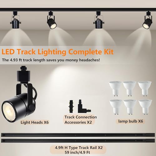 Image of GU10 LED Black Track Lighting Complete Kit, 6000K Cool White, 6 Packs GU10 Dimmable Ceiling Spotlight Fixture with 6.56ft H Type Track Rails, Replaceable 10W LED Bulbs for Home
