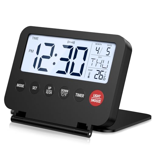 OQIMAX Réveil Numérique, Mini Réveil de Voyage Pliable avec Calendrier, Température ℃/℉, Date, Écran LCD, Reveil Matin, Snooze et Rétroéclairage 6S,...