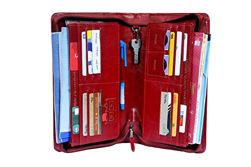 Image of Sukeshcraft Multiple Cheque Book Holder | Original PU Holds Upto 8 Cheque Books, 1 Pin-Sim Slot,14 Credit /Debit Card Slots with Matching Zipper (Pu- Cherry)