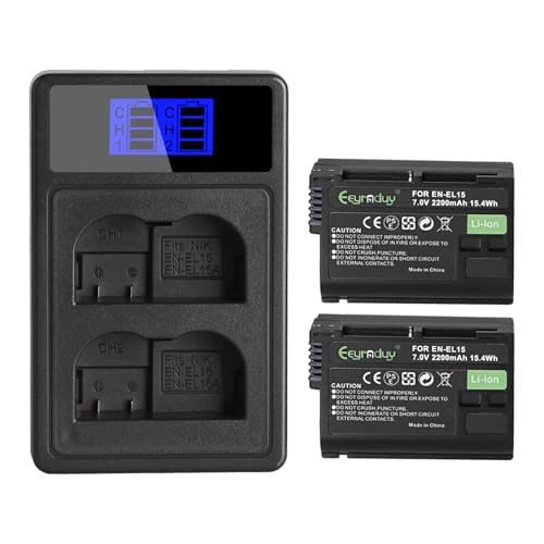 Eeyrnduy EN-EL15 2-Pack Batteries and Charger Set for Nikon Z6 z6ii Z7 z7ii Z8 D750 D850 D7000 D7500 D7100 D7200 D500 D600 D610 D800 D810 D850 Camera 2200mAh