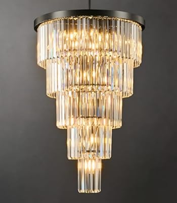 High Ceiling Chandelier Crystal Modern: 24-Inch 5-Tiered Black Staircase Chandeliers - Large Long Hanging Pendant Light Fixture For Entryway Foyer Living Room Luxury Round Flush Mount Ceilings Lights