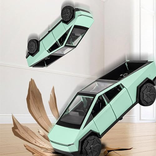 Image of Tesla Cybertruck Diecast Model 1:32 Scale | Alloy Metal Off-Road Pickup Truck with Trailer, Sound & Light | Pullback Toy Vehicle for Kids & Collectors【Green Colour】