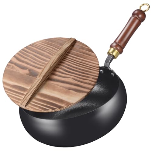 Wok con tapa de madera 9.45 pulg hierro sin recubrimiento