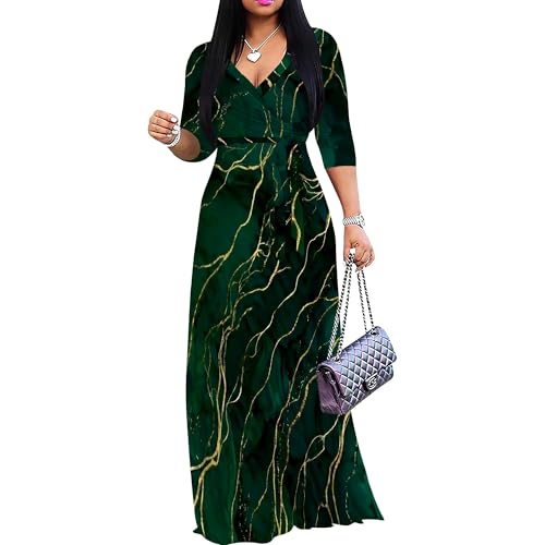 Image of Plus Size Dresses for Women Print Maxi Dresses 3 /4 Sleeve with Belt