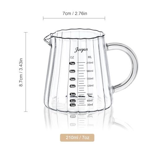 Image of Joeyan 7 oz Glass Measuring Cups with Spout,Borosilicate Large Glass Triple Pitcher with Scale,Origami Style Espresso Shot Glasses with Wood Handle for Coffee Milk