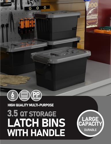 WYT Plastic Storage Bins with Lids and Latch, 6-Pack Small Stackable Plastic Organizing Box with Buckle and Handle, 3.5 Quart Durable Nestable Totes Containers (Black/Grey) - Image 6