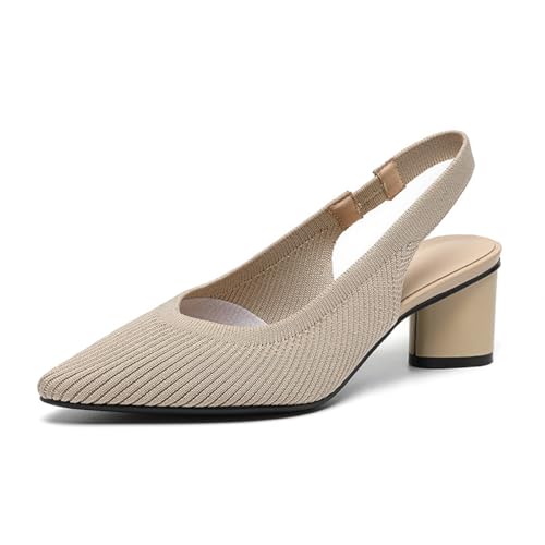 MRKEWUNEY Casual Knit Slingback Pumps for Women Slip On Chunky Low Heel Knit Pumps