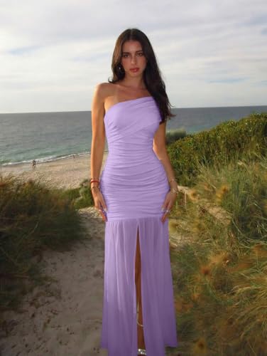 Image of LAGSHIAN Women's Elegant Formal Long Dress One Shoulder Sleeveless Ruched Bodycon Evening Dress