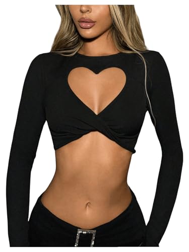 Milumia Women's Long Sleeve Crop Top Heart Cut Out Front Y2k Ribbed Tees Fall Trendy Black X-Small