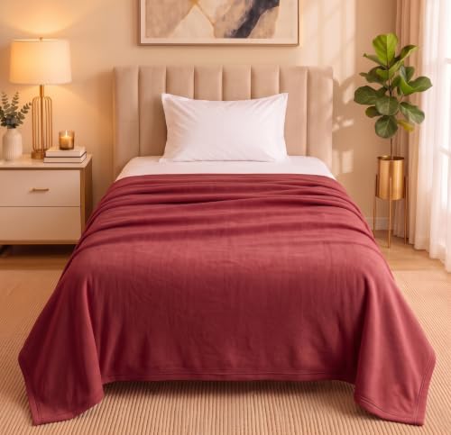Image of HOMEKART 300 TC All Season Solid /Plain Lightweight Polar Fleece Single Bed Blanket (152 x 230 cm), Red