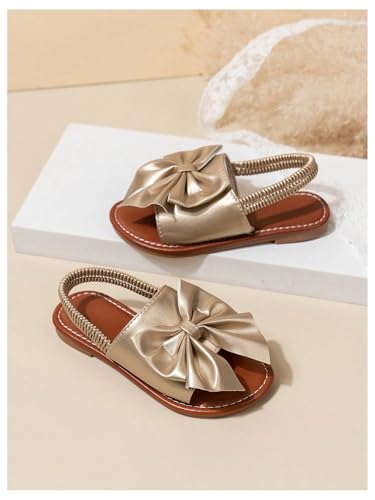 GORGLITTER Girl's Gold Bow Tie Flat Sandals Metallic Open Toe Ankle Strap Cute Slide Sandals Vacation Shoes2