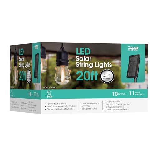 Image of Feit Electric LED Solar Powered String Lights, Dusk-to-Dawn Sensor, 20ft Shatter Resistant Outdoor String Lights, Linkable, 2700K Warm White, 15,000-Hour Lifetime, SL20-10 /SOL /V1, 11 Bulbs Included
