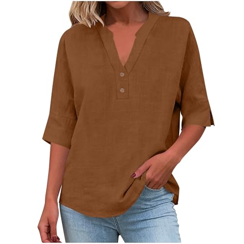 Chemise Lin Femme Manche 3/4 Coton et Lin Tunique Femme Grande Taille Col V Boutonné Blouse Haut Ete Casual Ample Tee Shirt Longue Vetement Chemise Marron XXL