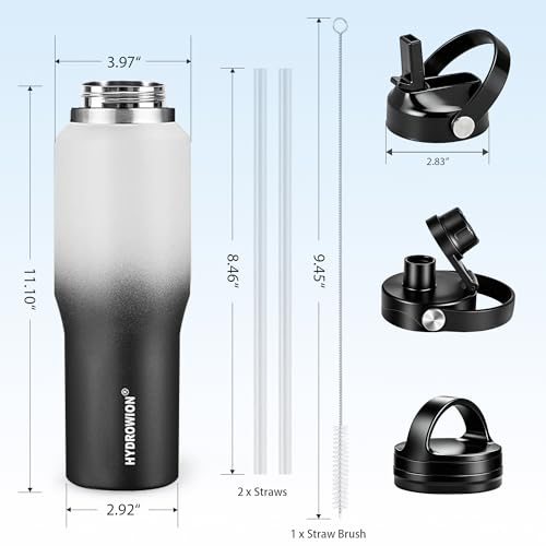 Image of 40 oz Insulated Water Bottle with Straw fit in Car Cup Holder(Cold 48 hrs, Hot 24 hrs) Drinking Bottle with Straw Lid, Spout Lid and Flex Cap Leakproof Travel Thermo Mug,White - Black