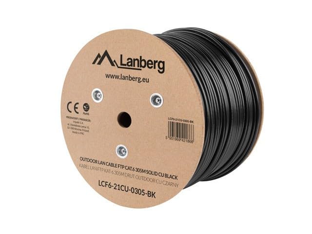 LANBERG BOBINA Câble réseau Ethernet CAT.6 extérieur FTP RJ45 SOLIDO COBRE TESTED AWG24 305M NEGRO