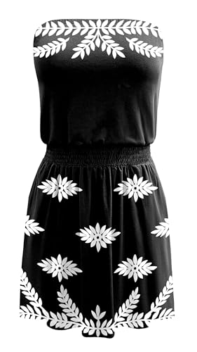 Image of SAUKOLE Summer Dresses for Women Bandeau Strapless Smocked Elastic Waist Sundress Tube Mini Dress with Pockets