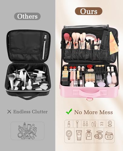 Luxspire Estuche Profesional de Maquillaje de 3 Capas, Maletín de Viaje Grande Organizador de Cosméticos con Espejo y Correa, Portapinceles y Bolsa de Almacenamiento para Artistas, Rosa - imagen 4
