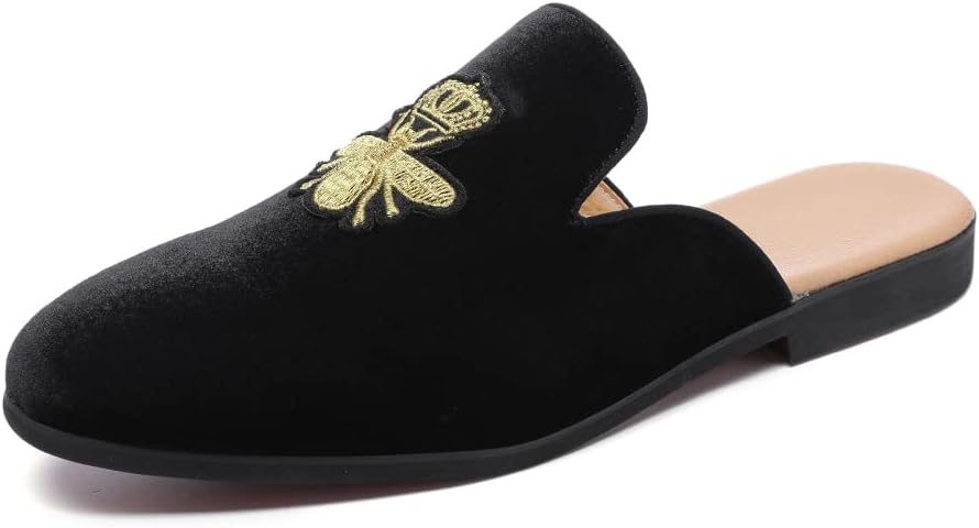FLQL Men’s Velvet Gold Buckle Slip-on Penny Loafers Casual Smoking Slippers Indoor Outdoor Sandals Black Size 7-13