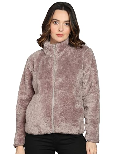 Image of Alan Jones Clothing Women's Fluffy Yarn Fleece Full-Zip Jacket | Soft Lightweight Warm Outerwear with Stand Collar & Piping at Hem & Cuffs