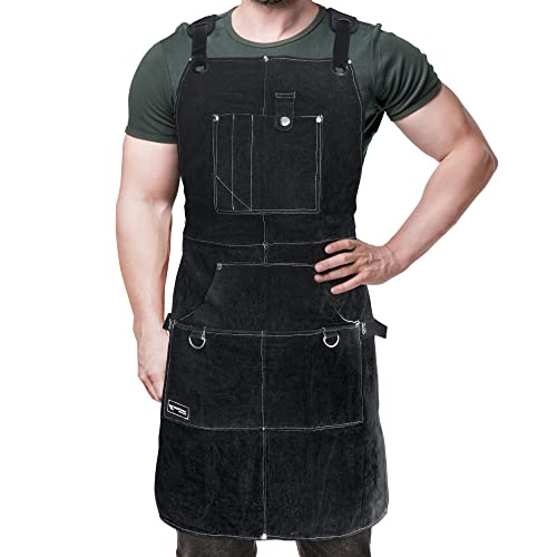 FIGHTECH Leather Work Apron with Tool Pockets, Welding Apron w Kevlar Stitching, Woodworking Shop, Adjustable M-XXL (Black, Leather)