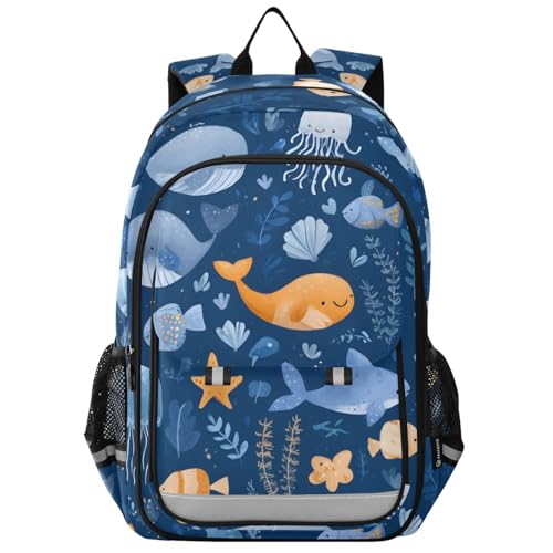 Bolaz Kids' School Backpack with Safety Reflectors Strip,Great for Boys & Girls Ages 6–12,Whale Jellyfish Seaweed Pattern