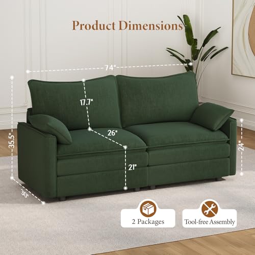 Image of Vesgantti 74 inch Loveseat Sofa for Living Room, Comfy Cloud Couch Deep Seat Chenille Modern 2 Seater Small Sofa with Armrest Pillow, Easy Assembly for Small Spaces, Green