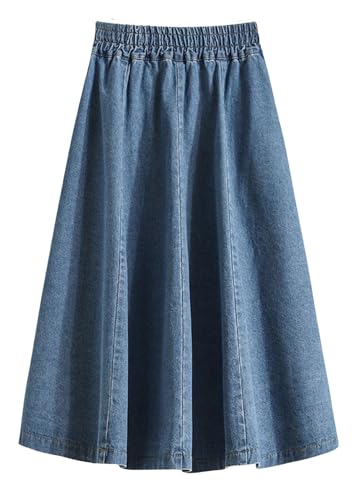 CHARTOU Women Pleated Jean Skirt Elastic High Waisted Midi Denim Skirt Flare A Line Skirt Ruffle Long Summer Skirt2