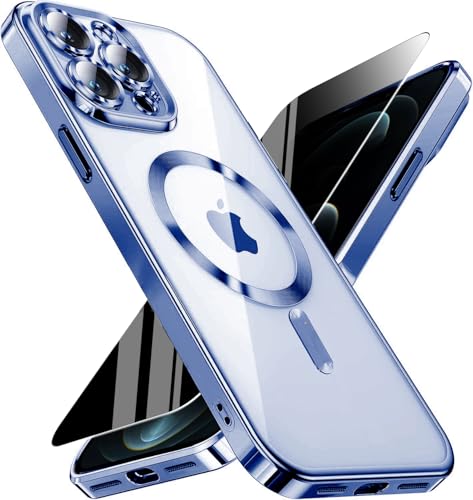 Image of Magnetic for iPhone 12 Pro Max Case with Privacy Screen Protector & Full Camera Cover,[Non-Yellowing] Plating Glossy Soft Shockproof Clear Phone Case with MagSafe Women Girls for 12 ProMax,Blue