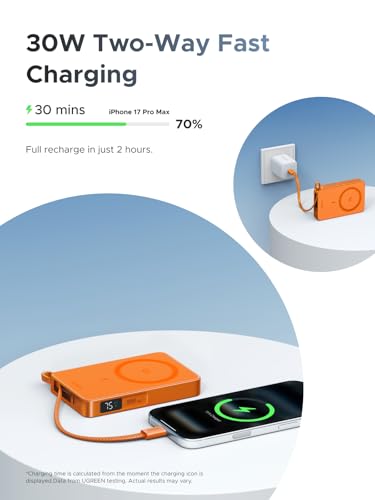 Image of UGREEN MagFlow 10,000mAh Power Bank, Qi2 25W Certified Wireless Charging, Magnetic Portable Charger for MagSafe with Built-in Cable, 30W USB-C Battery Pack for iPhone 17 Pro Max /16 /15 /14 /13 /12, Orange