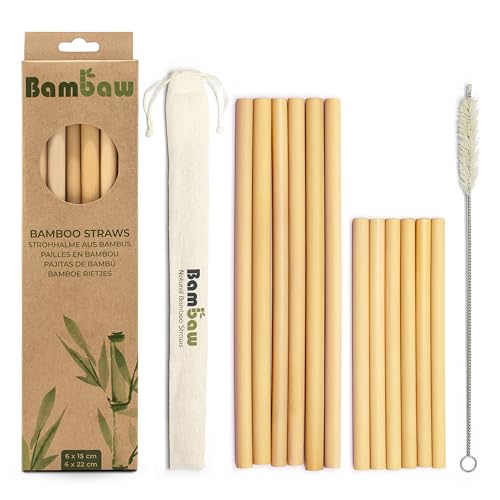Bambaw 12 Pailles en Bambou (6 x 15cm & 6 x 22cm), Pailles Écologiques, Biodégradables et Réutilisables, Inclus une Brosse de Nettoyage et une Petite...